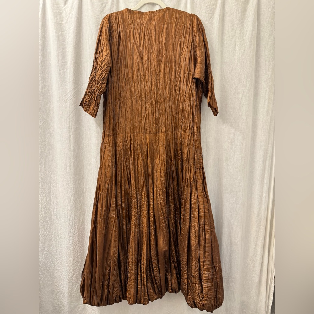 RAY HARRIS London Bubble Hem Maxi Dress Shimmer Brown V-Neck Plisse Crinkle O/S - Picture 3 of 10